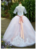 Elbow Sleeves Beaded Lace Tulle Buttons Back Flower Girl Dress